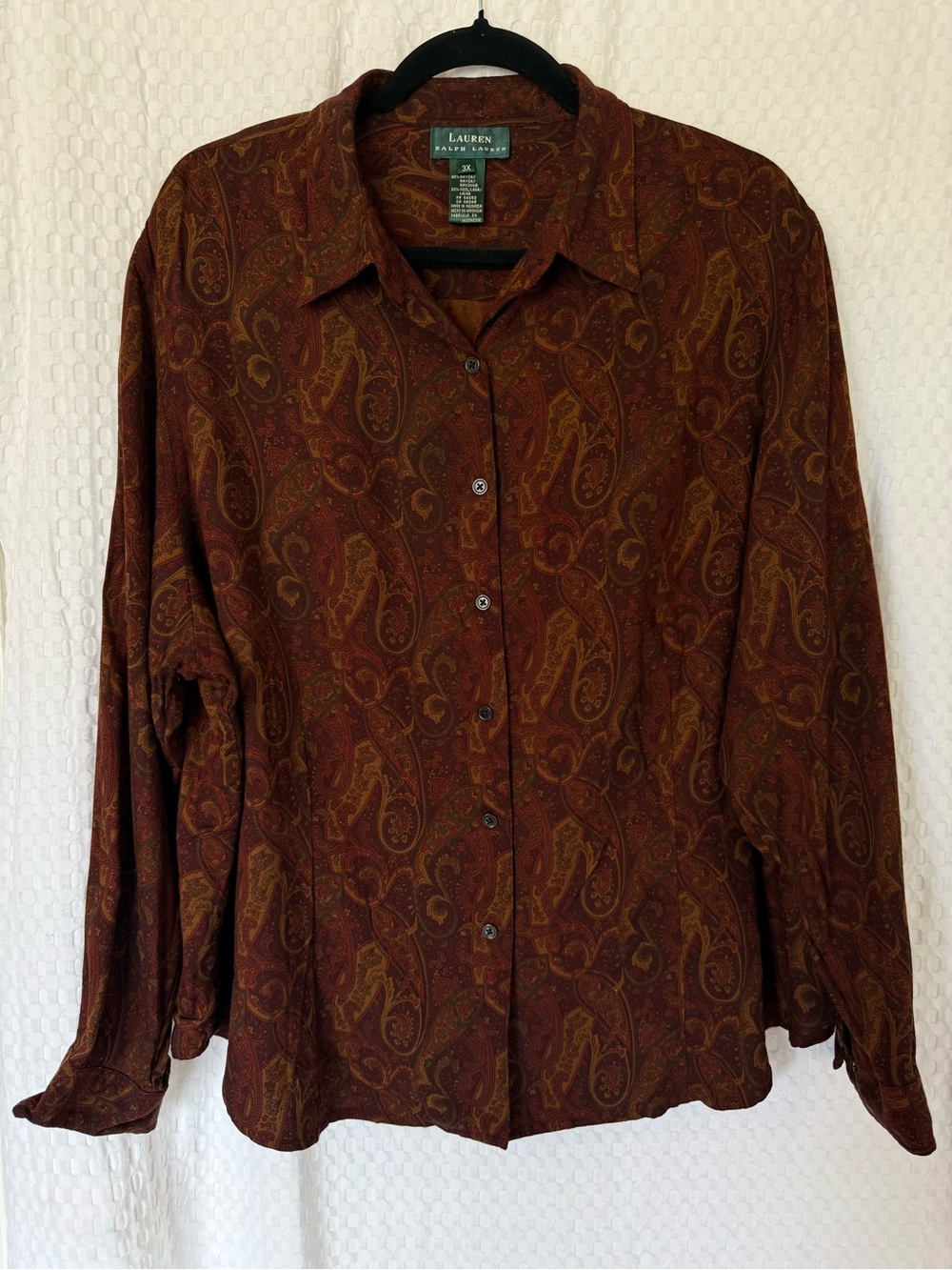 Lauren Ralph Lauren 3X Brown Paisley Rayon Wool Button Down Blouse - Picture 2 of 7